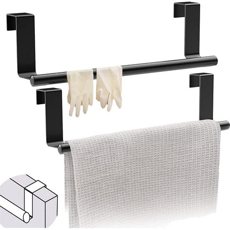 Portasciugamani da cucina, 36 cm – Set da 2 – Non richiede foratura – Acciaio inossidabile – Per mobile/bagno – Nero (1/5)