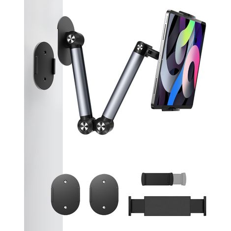 Support Mural pour Tablette, Réglable Support ipad en Aluminium pour la Cuisine, 2 Bases, Porte Telephone Amovible pour iPhone, Mini, iPad, Smartphones, Tablettes(4"-12.9") (1/5)