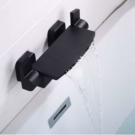 Schwarzer Wasserfall-Badewannenhahn, Wandmontage, Badezimmer-Badewannenhahn mit Handbrause, Badewannenmischbatterie
