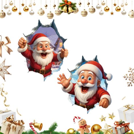 Sticker mural 3D Père Noël avec effet « briser le mur » - 2 pièces de 40 x 32,7 cm et 40 x 37 cm (1/2)