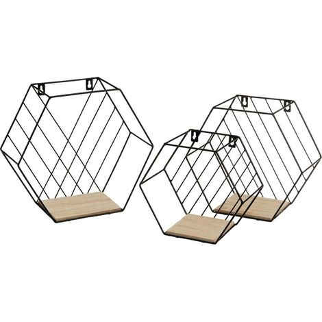 Set 3 Mensole da Parete Esagonali Metallo Nero MDF Moderno 31x13x28 cm (1/5)