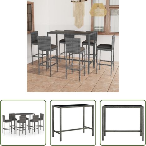 vidaXL Barhocker - 7-tlg. Gartenbar-Set mit Kissen Poly Rattan Grau (1/5)