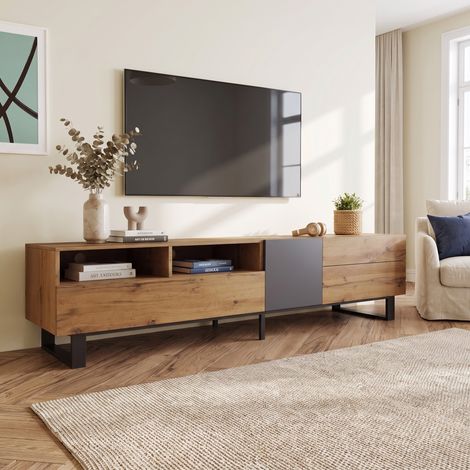 Meuble TV 180cm avec Tiroirs et Portes Push-Open Pieds en Métal Style Moderne Minimaliste Chêne et Anthracite (1/5)