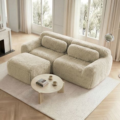 Divano modulare a L 2 posti in tessuto bouclé beige chiaro con cuscini, OKWISH (1/5)