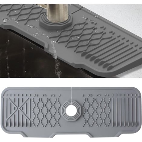 Tapis de Robinet Silicone, Protection Anti-Éclaboussures pour Robinet d'Évier, Plateau Anti-Gouttes pour Poignée Robinet, Tapis d'Évier pour Comptoir de Cuisine et de Salle de Bain (Gris, 43 cm)