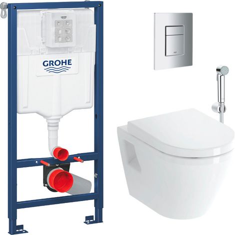 Pack WC Bâti-support Rapid SL + Cuvette suspendue Vitra + Abattant + Douchette bidet + Plaque Chrome (1/5)