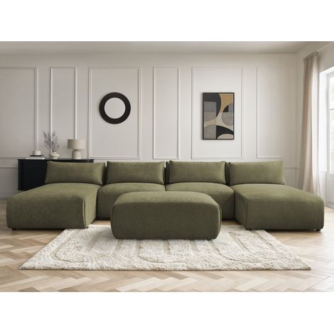 BOBOCHIC - Canapé panoramique fixe modulable avec têtières JANA tissu texturé avec 2 méridiennes, 2 chauffeuses et 1 petit pouf   Vert (1/5)