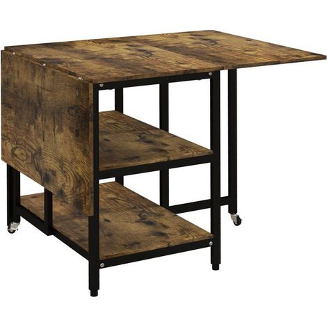 Table à Manger 140 x 80 cm plateau rabattable Table Repas roulettes 2 compartiments style rustique marron structure en acier (1/5)