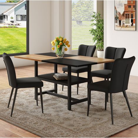 Ensemble table à manger rectangulaire 160 cm avec rangement, 4 chaises en cuir régénéré noir et pieds métal, style moderne, salon et cuisine - CHICFURN (1/5)