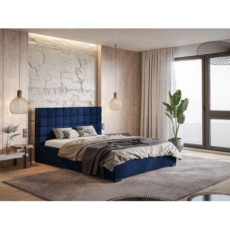 Lit rembourré avec rangement 140x200 velours bleu Terra (1/5)