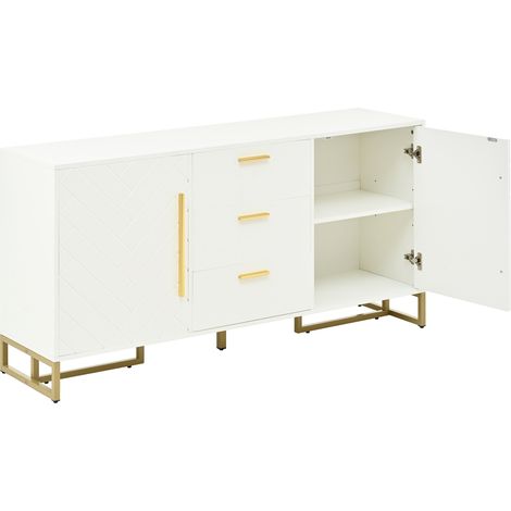 Buffet blanc élégant avec motif chevrons, 2 portes et 3 tiroirs pour salle à manger, cuisine et salon (1/5)