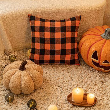 2er-Set Halloween-Kissenbezüge, karierter Kissenbezug für Sofa, herbstlicher Bettkissenbezug mit gekreuzten Rändern, Kürbiskissen (45x45 cm) (1/4)