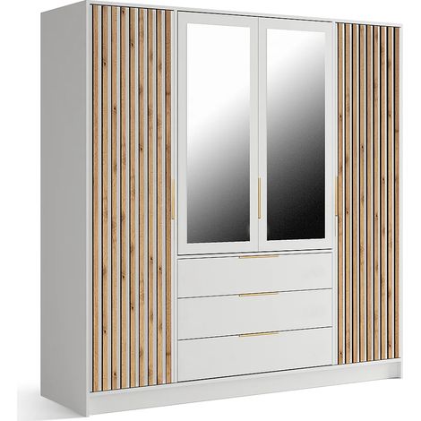 Armadio 4 ante e 3 cassetti – Con specchio - L196 cm Naturale e Bianco - LIRMADA (1/5)