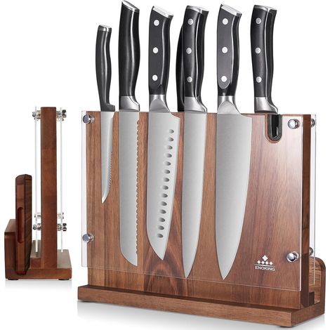 Large Magnetic Knife Holder, Magnetic Kitchen Knife Block with Acrylic Shield, Acacia Wood Magnetic Knife Holder with Knife Sharpener, Kitchen Knife Rack (1/5)