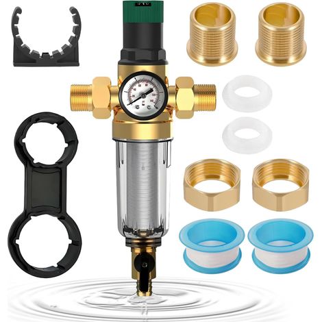 3/4 Inch Water Pressure Reducer with Integrated Cleaning Filter and Pressure Gauge Filter Dair Compressor Brass Suitable for Water Purifiers, Washing Machines, Taps (1/5)