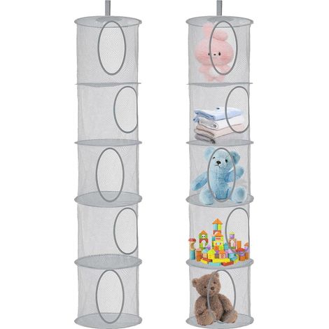 Lot de 2 organiseurs de rangement suspendus pliables à 5 compartiments en maille filet - Sac de rangement suspendu pour doudous - Pour chambre d'enfant, balcon - Gris
