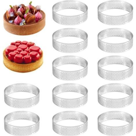 12 Pièces Cercle à Pâtisserie, Cercle a Tarte Perforé en Acier Inoxydable, pour Quiches, Gâteaux, Mousse, Muffins, Mini Pizzas, Outils de Cuisson, Diamètre: 6 cm