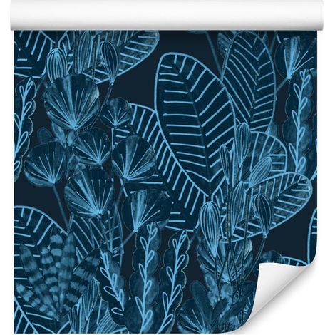 Papel pintado de hojas tropicales en tonos oscuros para salón y dormitorio, 50x1000 cm. (1/5)