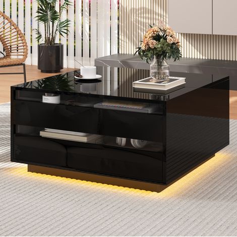 tavolo soggiorno 70x70 LED sollevabile con cassetto nero OKMYHOME (1/5)