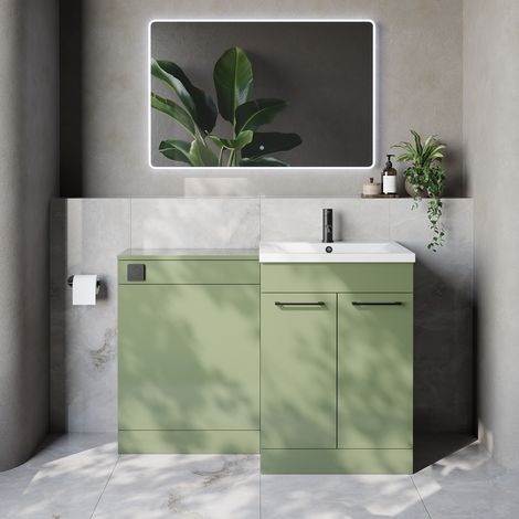 Napoli 460 Cento Olive Green 1200mm 2 Door Vanity Unit Toilet Suite with Glide Basin - 1200mm - Matt Black 160mm HandleWithout Kingston Toilet Pan