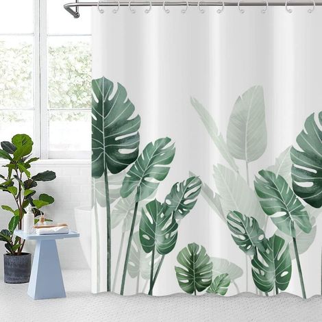 Rideau de douche, 120 x 200 cm, feuille verte, plante botanique, banane, Monstera, feuilles de la jungle, tissu imperméable, lavable en machine, avec crochets (1/5)