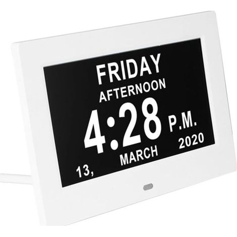 Grande horloge numérique avec calendrier et date de 17,8 cm avec jour et date pour les personnes âgées, avec 12 options d'alarme (blanc)