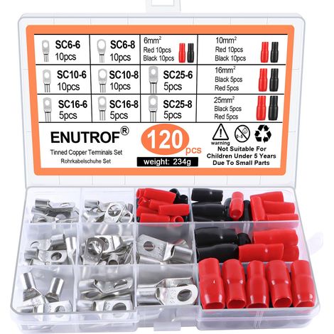 Cosses a Sertir Cosse à Sertir Cable Masse Electrique 120 Pcs Kit 10mm² 6mm² 16mm² 25mm² Assortiment Oeillet Boîte de Cosse avec Gaines Thermorétractables pour Batterie Tracteur Tondeuse (1/5)