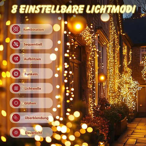 10m 400er LED Cluster Lichterkette Außen, Weihnachtslichterkette mit 8 Modi und Memory, Wasserdicht Christbaumbeleuchtung für Innen Außen Garten Weihnachtsbaum Hochzeit, Warmweiß [Energieklasse G]