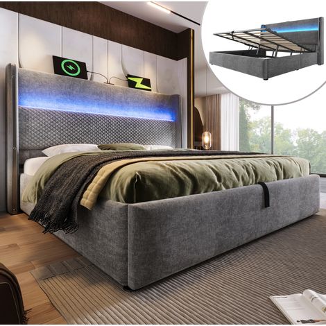 Lit coffre hydraulique en tissu aspect lin gris 160x200 cm, tête de lit haute avec LED et ports USB/Type-C (1/5)