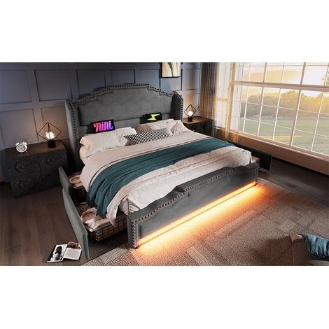 Lit rembourré 140×200, lit double avec 4 tiroirs, éclairage LED et port de charge USB-C, lit de rangement et lit pour jeunes avec sommier à lattes, velours, gris, avec matelas (1/5)