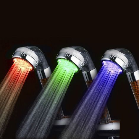 Pommeau Douche Anti Calcaire, Economiseur d'eau pression Pommeau de Douche à LED avec 3 Couleurs Changeantes, Transparent Douche à Main avec Filtre ionique et Pierre pour Spa (1/5)