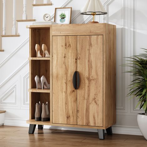Meuble à chaussures étroit, meuble à chaussures à double porte, étagère à chaussures avec compartiments ouverts, aspect bois, armoire polyvalente pour l’entrée, petit meuble à chaussures pour petits e (1/5)
