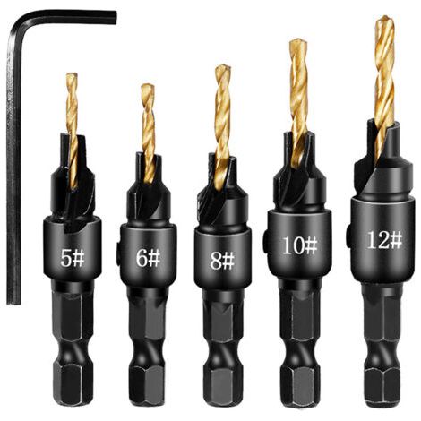 PA Sechskantschaft-Senkbohrer, Elektrowerkzeug-Zubehör für Kunststoff- und Metall-Holzbearbeitungswerkzeuge von Elektrobohrmaschinen, 5 Stück/Set (5/6/8/10/12) (1/4)
