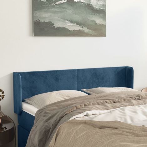 Armoire de tête de lit classique Tête de lit avec oreilles solide pour Chambre - Bleu foncé 147x16x78/88 cm Velours -47232 (1/5)