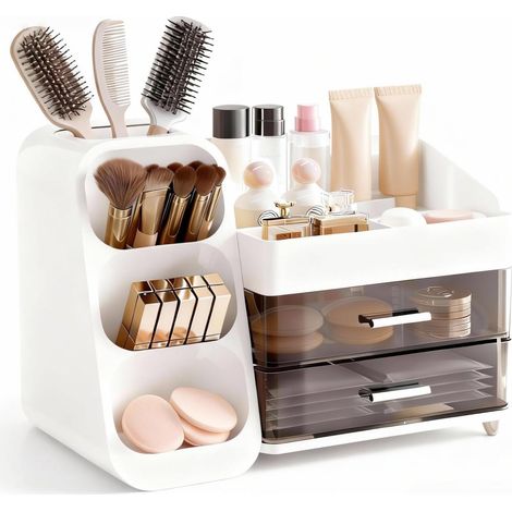 Organisateur de maquillage - Boîte de rangement pour maquillage - Tiroirs spacieux et porte-pinceaux - Design compact pour salle de bain - Lot de 2 - Blanc ivoire (1/5)