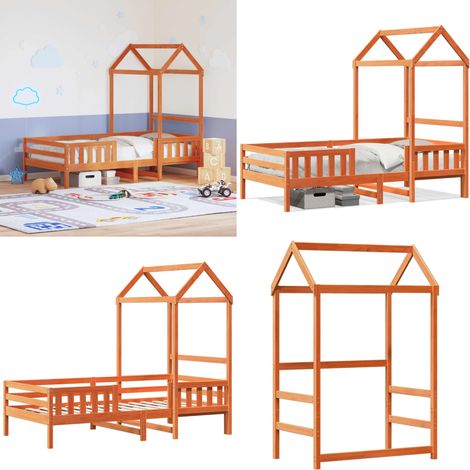 Massivholzbett mit Dach Wachsbraun 90x190 cm Kiefer - Kinderbett - Holzkinderbett - Kiefernholzbett - Kinderspielzelt - Jugendzimmer Dekoration - Home & Living