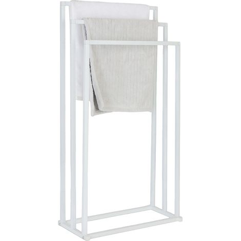 Relaxdays towel rack, HxWxD: 84 x 44 x 21.5 cm, metal, 3 rods, freestanding, white (1/5)
