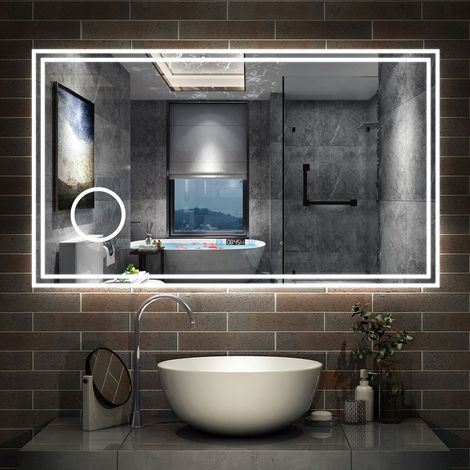 AICA 100x60cm Specchio da bagno rettangolare a LED con funzione antiappannamento, orologio, lente d'ingrandimento, tri-colore dimmerabile (1/5)