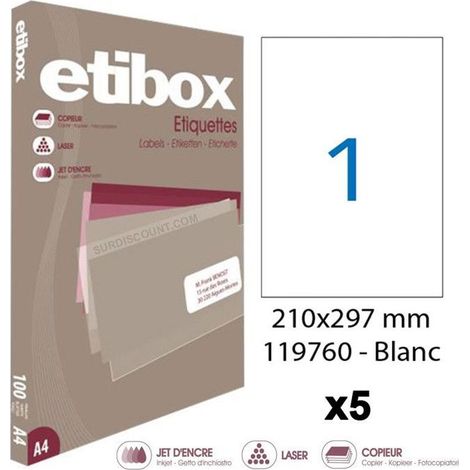 Lot de 5 boites de 100 étiquettes - Format 210x297mm (A4) - Etibox - Apli 119760