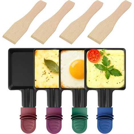 Lot de 4 Poelon Raclette Carré à Revêtement Anti-adhésif,Coupelle Raclette Barbecue avec Poignée Colorée Isolée pour Fromage Fondu Oeuf Frit Pomme de Terre, 4 Pcs Grattoirs en Bois (1/5)