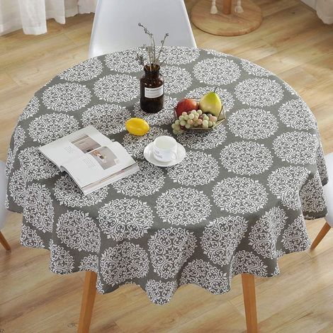 Nappe ronde à rayures, à motif floral, lavable, idéale pour la décoration de restaurants, les fêtes, les repas de famille et les pique-niques. 1 pièce (fleurs grises, 150 cm). (1/4)