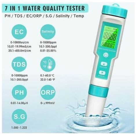 Digitales pH-Meter, 7-in-1 pH/TDS/EC/ORP/SG/Salzgehalt/Temperaturmessgerät mit automatischer Temperaturregelung (ATC), 0,01 Auflösung, hochpräzises Stiftmessgerät, hintergrundbeleuchtetes Wasserqualit (1/4)