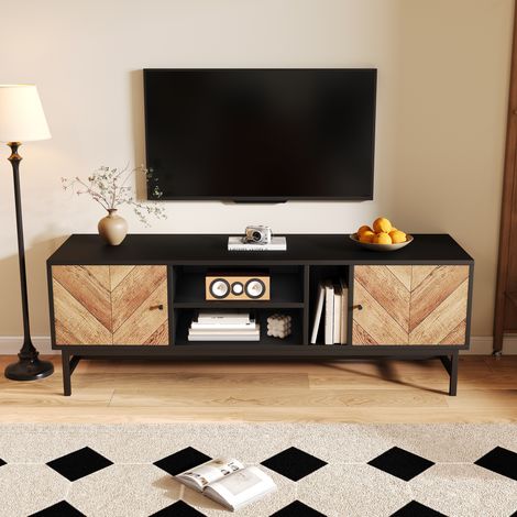 Meuble TV en panneaux de particules et fer noir et bois naturel 150 x 38 x 55 cm, 2 portes et 3 niches (1/5)