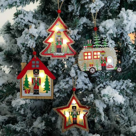 Lot de 4 suspensions LED de Noël en bois de noyer, décoration pour sapin de Noël (1/4)