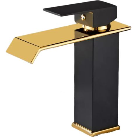 Robinet de lavabo de salle de bain noir avec noyau en cuivre et cascade, mitigeur de lavabo moderne à poignée unique, pour meuble-lavabo, élégant et durable (noir et or court) (1/4)