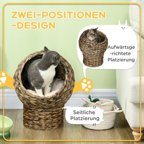 Niche en osier pour chat, panier rotin avec coussin, lit moelleux pour animal, maison jacinthe d'eau, teinte café, 40x37x51 cm, couchage confortable. (1/5)