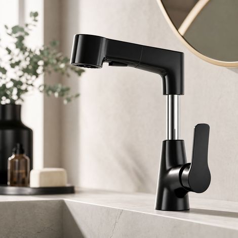 Robinet lavabo rétractable et réglable en hauteur, mitigeur salle de bain en laiton avec douchette 2 jets, finition noir étoilé (1/5)