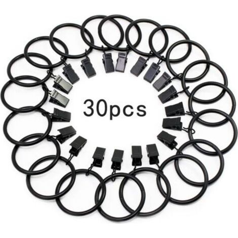 30 Pièces Anneaux de Rideaux, avec Métal Pince, Robuste, Antirouille, pour Tringle à Rideaux, 32mm Diamètre Intérieur (Noir)