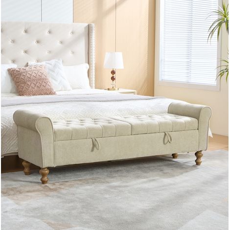 Banc de rangement en chenille greige avec 2 couvercles et pieds en bois massif (1/5)