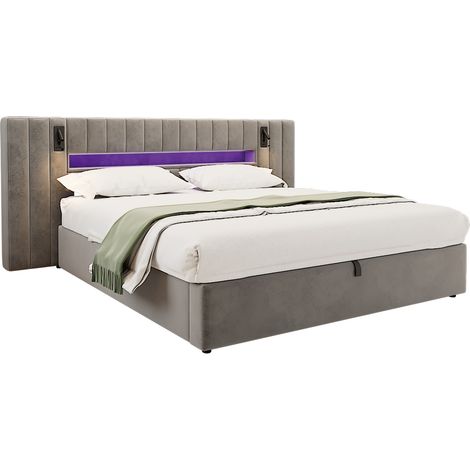 Lit coffre 180 x 200 cm en velours gris avec LED, ports USB-A et USB-C, lampes de chevet, rangement intégré, sans matelas, pour chambre adulte CHICFURN (1/5)